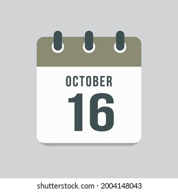 Icon page calendar day - 16 October. Date day week Sunday, Monday, Tuesday, Wednesday, Thursday, Friday, Saturday. 16th days of the month, vector illustration flat style. Autumn holidays in October