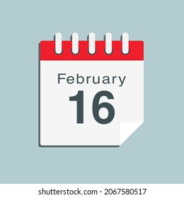 Icon page calendar day - 16 February. Date day week Sunday, Monday, Tuesday, Wednesday, Thursday, Friday, Saturday. 16th days of the month, vector illustration flat style. Winter holidays in February