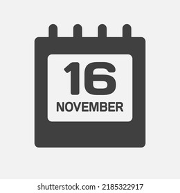 Icon page calendar day - 16 November. Days of the month, vector illustration flat style. 16th day week Sunday, Monday, Tuesday, Wednesday, Thursday, Friday, Saturday. Date autumn holidays in November