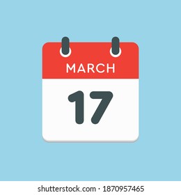 Icon page calendar day - 17 March. 17th days of the month, vector illustration flat style. Date day of week Sunday, Monday, Tuesday, Wednesday, Thursday, Friday, Saturday. Spring holidays in March