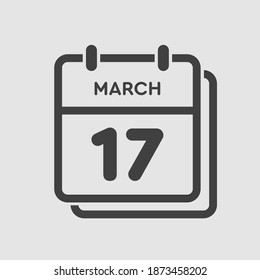 Icon page calendar day - 17 March. 17th days of the month, vector illustration flat style. Date day of week Sunday, Monday, Tuesday, Wednesday, Thursday, Friday, Saturday. Spring holidays in March