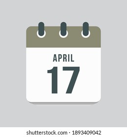 Icon page calendar day - 17 April. Days of the month, vector illustration flat style. 17th date day of week Sunday, Monday, Tuesday, Wednesday, Thursday, Friday, Saturday. Spring holidays in April