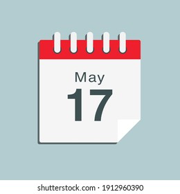 Icon page calendar day - 17 May. Date day of week Sunday, Monday, Tuesday, Wednesday, Thursday, Friday, Saturday. 17th days of the month, vector illustration flat style. Spring holidays in May