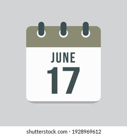 Icon page calendar day - 17 June. Date day of week Sunday, Monday, Tuesday, Wednesday, Thursday, Friday, Saturday. 17th days of the month, vector illustration flat style. Summer holidays in June