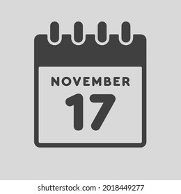 Icon page calendar day - 17 November. Date day week Sunday, Monday, Tuesday, Wednesday, Thursday, Friday, Saturday. 17th days of the month, vector illustration flat style. Autumn holidays in November