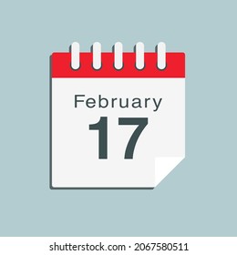 Icon page calendar day - 17 February. Date day week Sunday, Monday, Tuesday, Wednesday, Thursday, Friday, Saturday. 17th days of the month, vector illustration flat style. Winter holidays in February