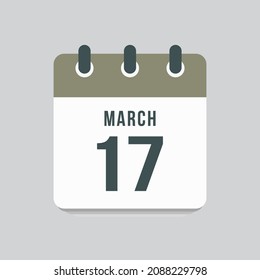 Icon page calendar day - 17 March. Date day week Sunday, Monday, Tuesday, Wednesday, Thursday, Friday, Saturday. 17th days of the month, vector illustration flat style. Spring holidays in March