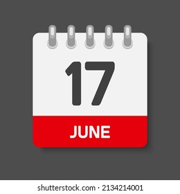 Icon page calendar day - 17 June. Days of the month, vector illustration flat style. 17th date day of week Sunday, Monday, Tuesday, Wednesday, Thursday, Friday, Saturday. Summer holidays in June