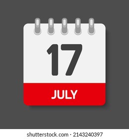 Icon page calendar day - 17 July. Days of the month, vector illustration flat style. 17th date day of week Sunday, Monday, Tuesday, Wednesday, Thursday, Friday, Saturday. Summer holidays in July