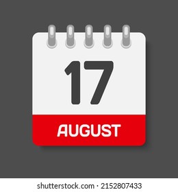 Icon page calendar day - 17 August. Days of the month, vector illustration flat style. 17th date day of week Sunday, Monday, Tuesday, Wednesday, Thursday, Friday, Saturday. Summer holidays in August