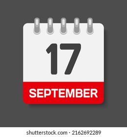 Icon page calendar day - 17 September. Days of the month, vector illustration flat. 17th day of week Sunday, Monday, Tuesday, Wednesday, Thursday, Friday, Saturday. Date autumn holidays in September