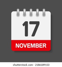 Icon page calendar day - 17 November. Days of the month, vector illustration flat style. 17th day week Sunday, Monday, Tuesday, Wednesday, Thursday, Friday, Saturday. Date autumn holidays in November