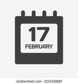 Icon page calendar day - 17 February. Days of the month, vector illustration flat style. 17th day of week Sunday, Monday, Tuesday, Wednesday, Thursday, Friday, Saturday. Date winter holidays February