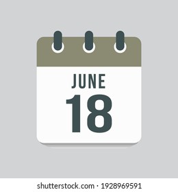 Icon page calendar day - 18 June. Date day of week Sunday, Monday, Tuesday, Wednesday, Thursday, Friday, Saturday. 18th days of the month, vector illustration flat style. Summer holidays in June