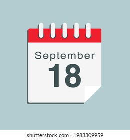 Icon page calendar day 18 September. Date day week Sunday, Monday, Tuesday, Wednesday, Thursday, Friday, Saturday. 18th days of the month, vector illustration flat style. Autumn holidays in September