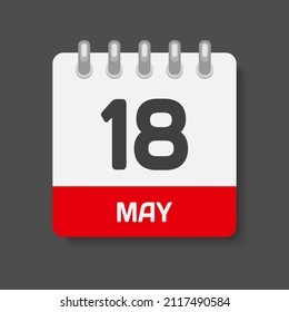 Icon page calendar day - 18 May. Days of the month, vector illustration flat style. 18th date day of week Sunday, Monday, Tuesday, Wednesday, Thursday, Friday, Saturday. Spring holidays in May