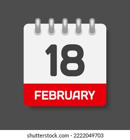 Icon page calendar day - 18 February. Days of the month, vector illustration flat style. 18th day of week Sunday, Monday, Tuesday, Wednesday, Thursday, Friday, Saturday. Date winter holidays February