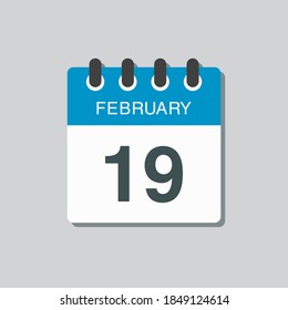 Icon page calendar day - 19 February. 19th days of the month, vector illustration flat style. Date day week Sunday, Monday, Tuesday, Wednesday, Thursday, Friday, Saturday. Winter holidays in February