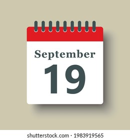 Icon page calendar day 19 September. Date day week Sunday, Monday, Tuesday, Wednesday, Thursday, Friday, Saturday. 19th days of the month, vector illustration flat style. Autumn holidays in September