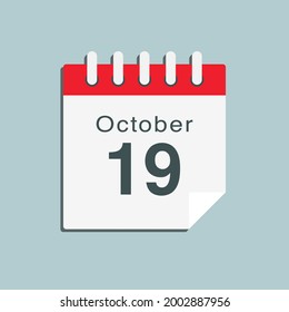 Icon page calendar day - 19 October. Date day week Sunday, Monday, Tuesday, Wednesday, Thursday, Friday, Saturday. 19th days of the month, vector illustration flat style. Autumn holidays in October