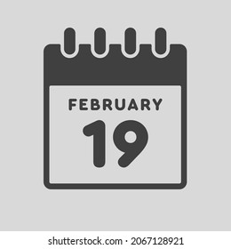 Icon page calendar day - 19 February. Date day week Sunday, Monday, Tuesday, Wednesday, Thursday, Friday, Saturday. 19th days of the month, vector illustration flat style. Winter holidays in February