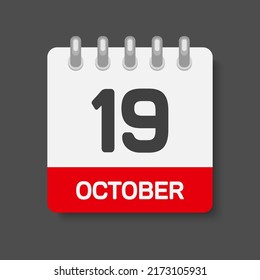 Icon page calendar day - 19 October. Days of the month, vector flat style. Day of week Sunday, Monday, Tuesday, Wednesday, Thursday, Friday, Saturday. Date autumn holidays in Ocotber. Number nineteen