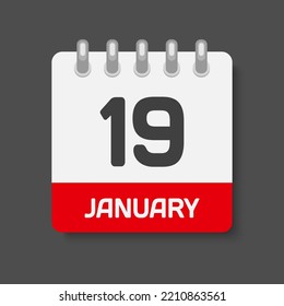 Icon page calendar day - 19 January. Days of the month, vector illustration flat style. 19th day of week Sunday, Monday, Tuesday, Wednesday, Thursday, Friday, Saturday. Date winter holidays in January