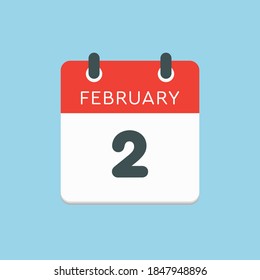 Icon page calendar day - 2 February. 2th days of the month, vector illustration flat style. Date day of week Sunday, Monday, Tuesday, Wednesday, Thursday, Friday, Saturday. Winter holidays in February