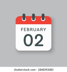 Icon page calendar day - 2 February. 2th days of the month, vector illustration flat style. Date day of week Sunday, Monday, Tuesday, Wednesday, Thursday, Friday, Saturday. Winter holidays in February
