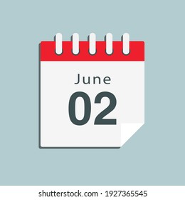 Icon page calendar day - 2 June. Date day of week Sunday, Monday, Tuesday, Wednesday, Thursday, Friday, Saturday. 2th days of the month, vector illustration flat style. Summer holidays in June