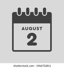 Icon page calendar day - 2 August. Date day of week Sunday, Monday, Tuesday, Wednesday, Thursday, Friday, Saturday. 2th days of the month, vector illustration flat style. Summer holidays in August