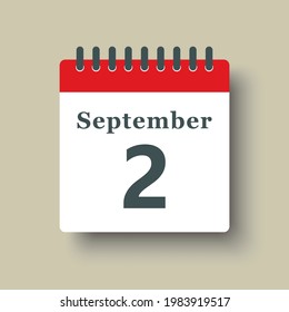 Icon page calendar day - 2 September. Date day week Sunday, Monday, Tuesday, Wednesday, Thursday, Friday, Saturday. 2th days of the month, vector illustration flat style. Autumn holidays in September