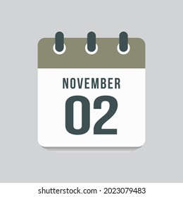 Icon page calendar day - 2 November. Date day week Sunday, Monday, Tuesday, Wednesday, Thursday, Friday, Saturday. 2th days of the month, vector illustration flat style. Autumn holidays in November