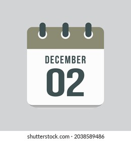 Icon page calendar day - 2 December. Date day week Sunday, Monday, Tuesday, Wednesday, Thursday, Friday, Saturday. 2th days of the month, vector illustration flat style. Winter holidays in December