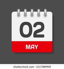 Día calendario de la página de iconos - 2 de mayo. Días del mes, ilustración vectorial estilo plano. Segunda fecha día de la semana domingo, lunes, martes, miércoles, jueves, viernes, sábado. Fiestas de primavera en mayo
