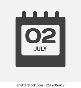 Icon page calendar day - 2 July. Days of the month, vector illustration flat style. 2th date day of week Sunday, Monday, Tuesday, Wednesday, Thursday, Friday, Saturday. Summer holidays in July