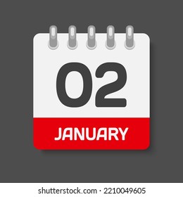 Icon page calendar day - 2 January. Days of the month, vector illustration flat style. 2th day of week Sunday, Monday, Tuesday, Wednesday, Thursday, Friday, Saturday. Date winter holidays in January
