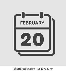 Icon page calendar day - 20 February. 20th days of the month, vector illustration flat style. Date day week Sunday, Monday, Tuesday, Wednesday, Thursday, Friday, Saturday. Winter holidays in February