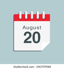 Icon page calendar day - 20 August. Date day of week Sunday, Monday, Tuesday, Wednesday, Thursday, Friday, Saturday. 20th days of the month, vector illustration flat style. Summer holidays in August