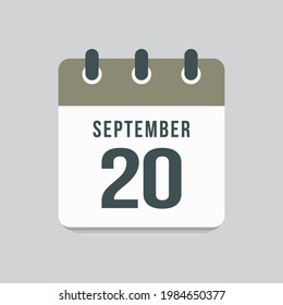 Icon page calendar day 20 September. Date day week Sunday, Monday, Tuesday, Wednesday, Thursday, Friday, Saturday. 20th days of the month, vector illustration flat style. Autumn holidays in September