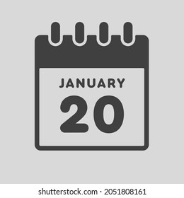 Icon page calendar day - 20 January. Date day week Sunday, Monday, Tuesday, Wednesday, Thursday, Friday, Saturday. 20th days of the month, vector illustration flat style. Winter holidays in January