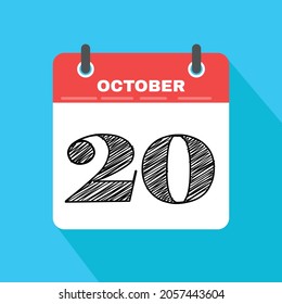 Icon page calendar day - 20 October. Date day week Sunday, Monday, Tuesday, Wednesday, Thursday, Friday, Saturday. 20th days of the month, vector illustration flat style. Autumn holidays in October