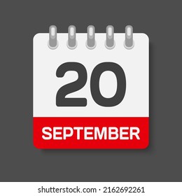 Icon page calendar day - 20 September. Days of the month, vector illustration flat. 20th day of week Sunday, Monday, Tuesday, Wednesday, Thursday, Friday, Saturday. Date autumn holidays in September