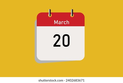 Icon page calendar day - 20 March. Saturday. 20th days of the month, vector Illustration with yellow background.