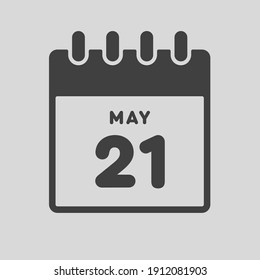 Icon page calendar day - 21 May. Date day of week Sunday, Monday, Tuesday, Wednesday, Thursday, Friday, Saturday. 21th days of the month, vector illustration flat style. Spring holidays in May