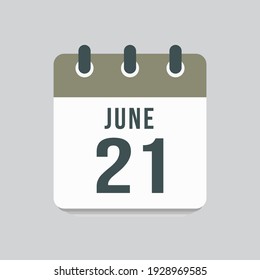 Icon page calendar day - 21 June. Date day of week Sunday, Monday, Tuesday, Wednesday, Thursday, Friday, Saturday. 21th days of the month, vector illustration flat style. Summer holidays in June