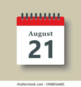 Icon page calendar day - 21 August. Date day of week Sunday, Monday, Tuesday, Wednesday, Thursday, Friday, Saturday. 21th days of the month, vector illustration flat style. Summer holidays in August