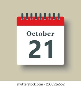 Icon page calendar day - 21 October. Date day week Sunday, Monday, Tuesday, Wednesday, Thursday, Friday, Saturday. 21th days of the month, vector illustration flat style. Autumn holidays in October
