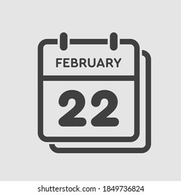 Icon page calendar day - 22 February. 22th days of the month, vector illustration flat style. Date day week Sunday, Monday, Tuesday, Wednesday, Thursday, Friday, Saturday. Winter holidays in February