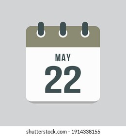 Icon page calendar day - 22 May. Date day of week Sunday, Monday, Tuesday, Wednesday, Thursday, Friday, Saturday. 22th days of the month, vector illustration flat style. Spring holidays in May